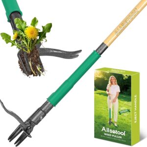 Weed Puller Tool with 2 Weed Eject Feature, 43.7in Stand Up Dandelion Remover Tool, Real Bamboo Handle and Metal 4 Claw & Foot Pedal, Heavy Duty Garden Weeder