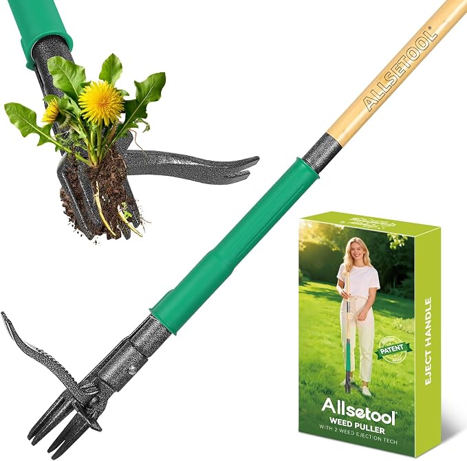 Weed Puller Tool with 2 Weed Eject Feature, 43.7in Stand Up Dandelion Remover Tool, Real Bamboo Handle and Metal 4 Claw & Foot Pedal, Heavy Duty Garden Weeder