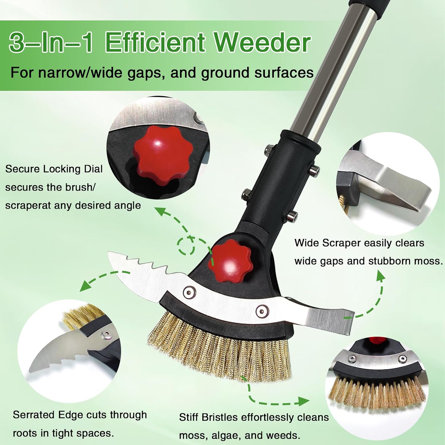 3 in 1 Crack Weeder Tool Long Handle | Heavy Duty Weed Puller, Stainless Steel Crevice Weeding Tool, Moss Scraper, For Driveway, Patio, Pavers, Sidewalk - 图片 5